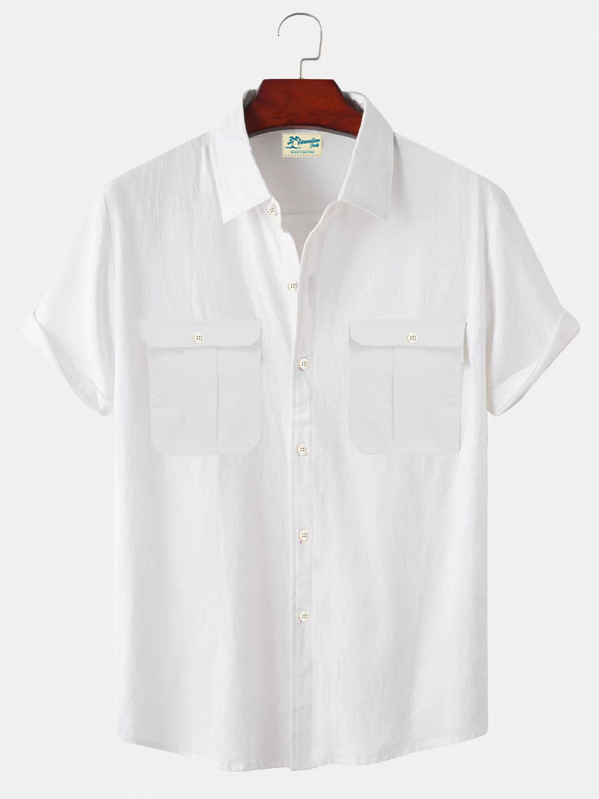 Solid Color Patchwork Linen Cardigan Short Sleeve Loose Lapels Men's Shirt