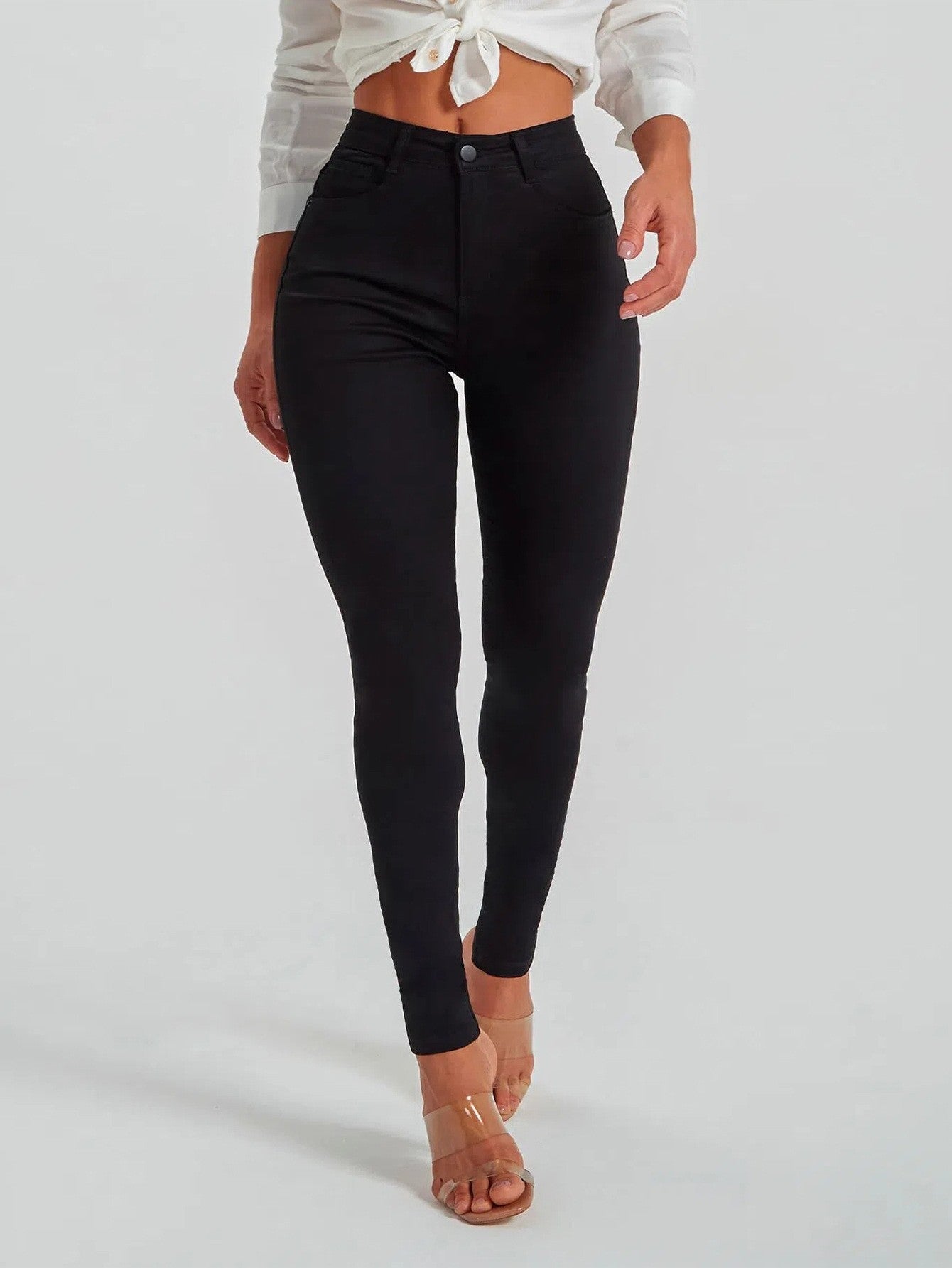 Mid Waist Slim Fit Stretch Black Skinny Tappered Pants Jeans Stretch