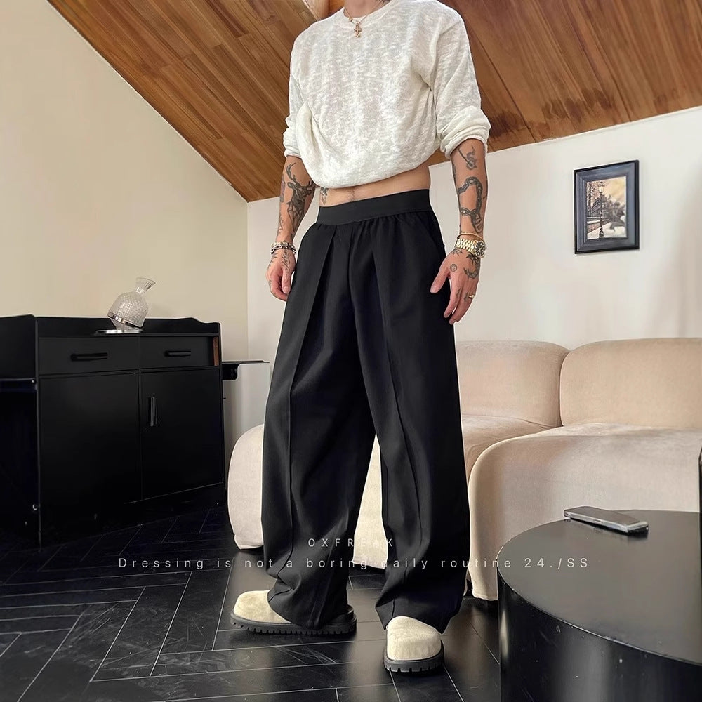 Simple Contrast Color Elastic Waist Casual Pants Men's Fashion Wide-leg Trousers