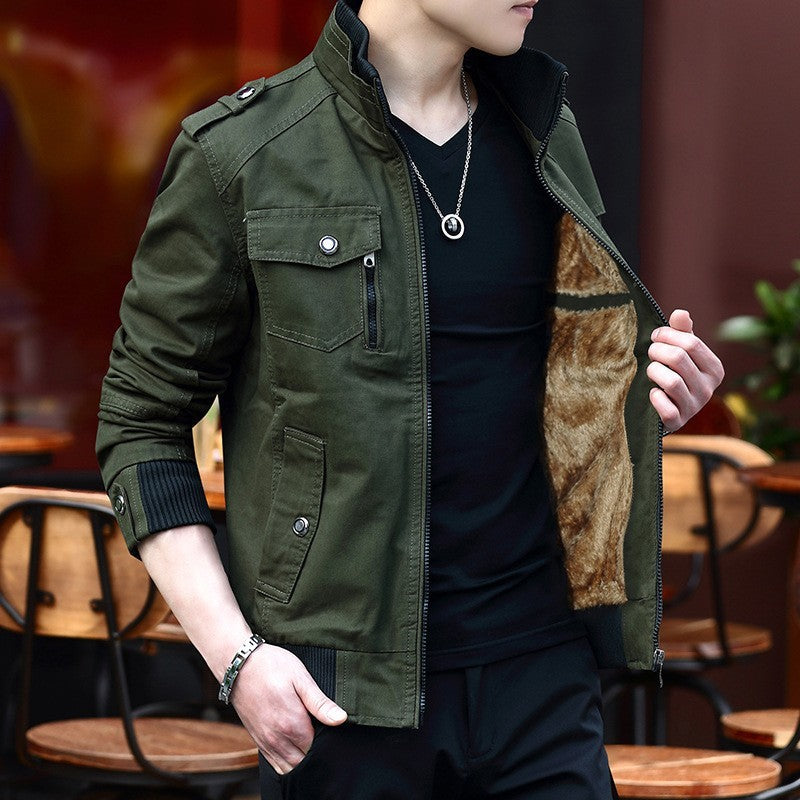 Fleece-lined Thickened Korean Style Casual Polo Collar Flight Jacket Warm-keeping Cotton Clothing