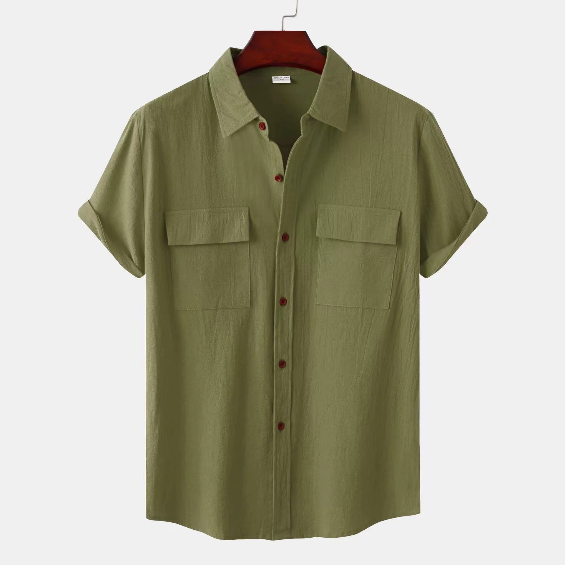 Solid Color Patchwork Linen Cardigan Short Sleeve Loose Lapels Men's Shirt