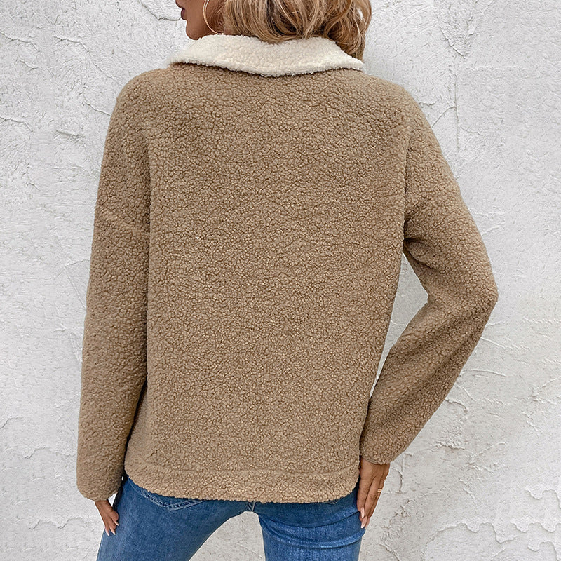 Long Sleeve Stand Collar Color Matching Warm With Velvet Sweater