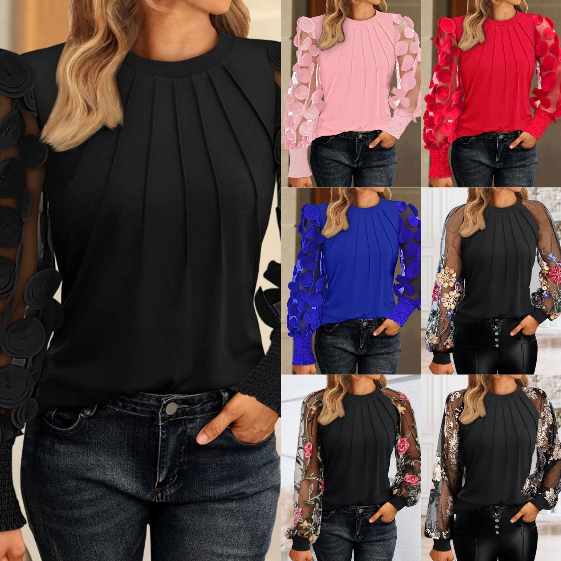 Long Sleeve Mesh Patchwork Round Neck Top T-shirt