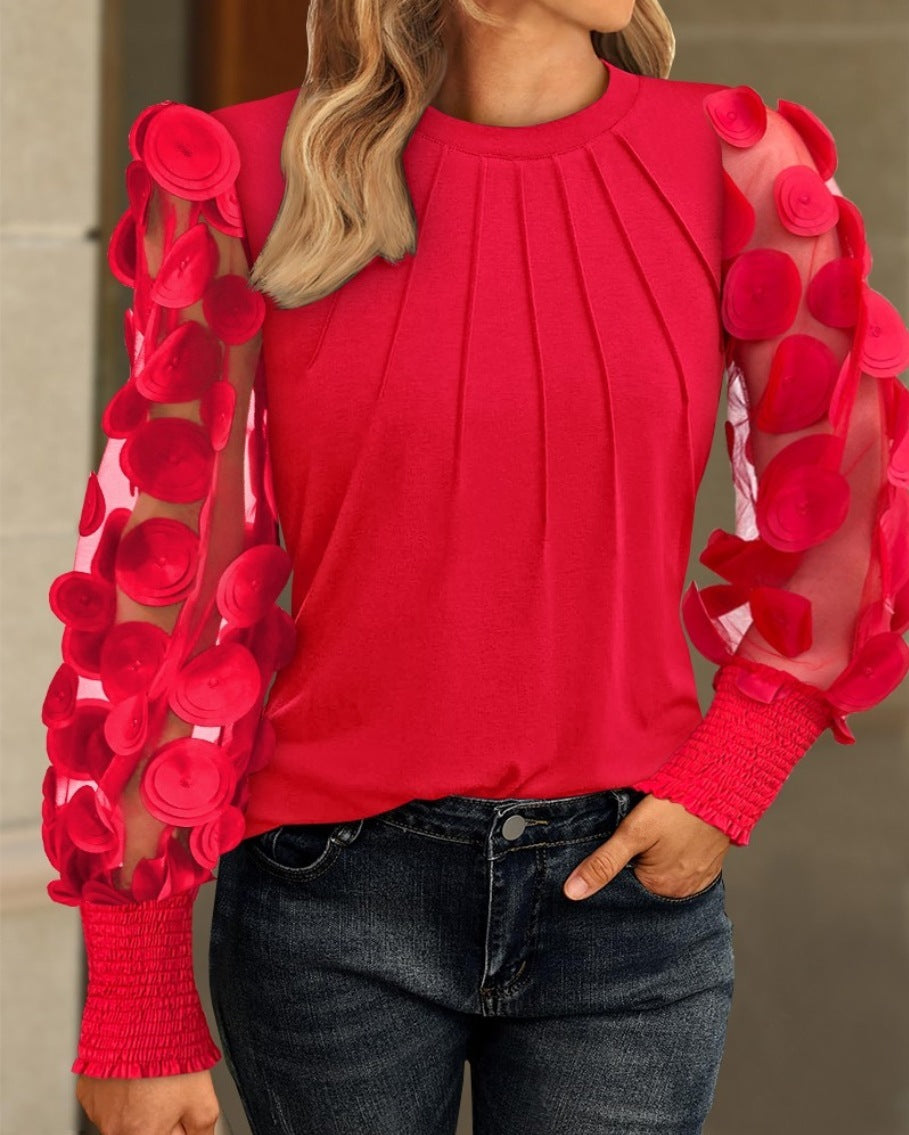 Long Sleeve Mesh Patchwork Round Neck Top T-shirt