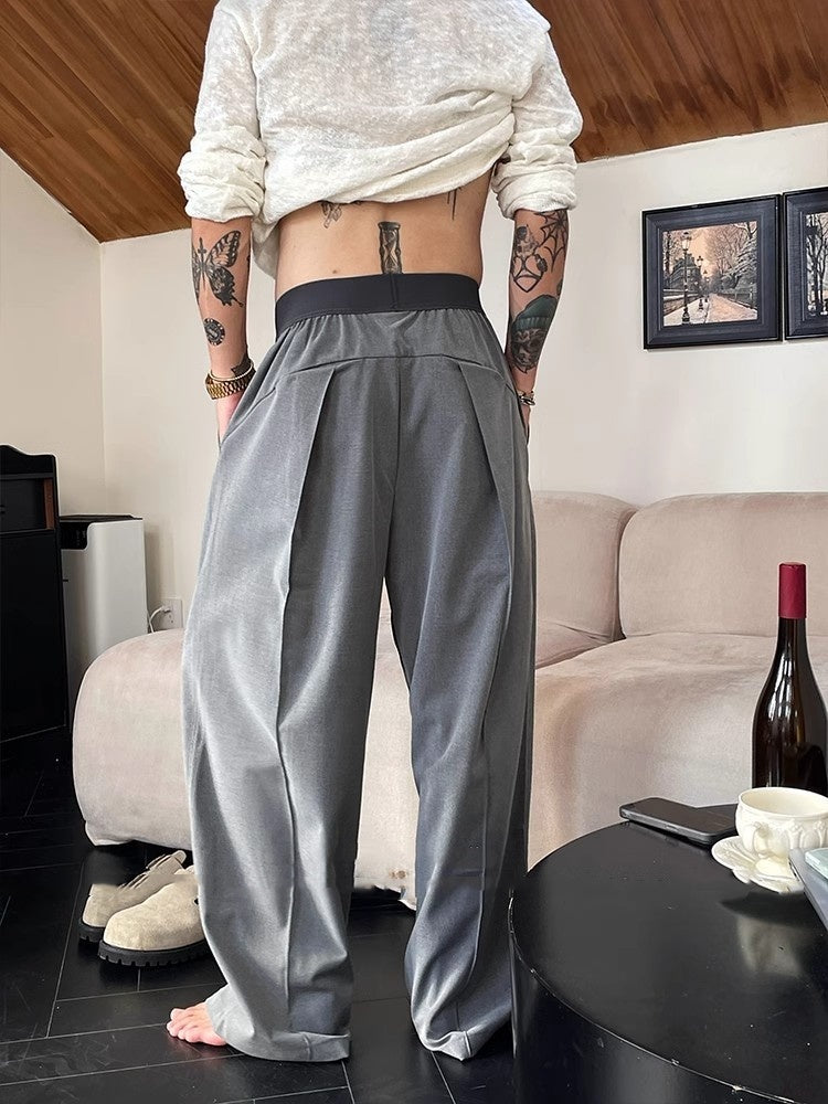 Simple Contrast Color Elastic Waist Casual Pants Men's Fashion Wide-leg Trousers