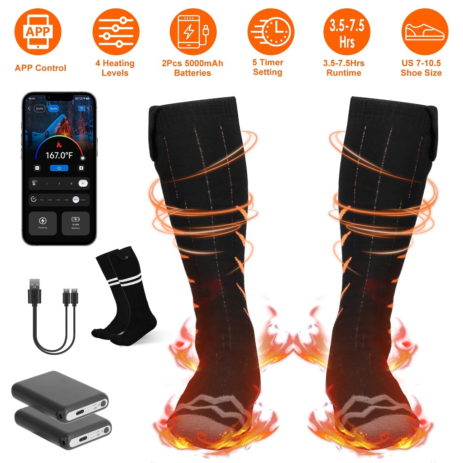 2 Types Options -- 1 Pair Of Heated Socks For Men Women Electric Heating Socks With APP Control 5000mAh Battery Rechargeable Thermal Socks Winter Warm Socks For Skiing Hiking Camping Hunting