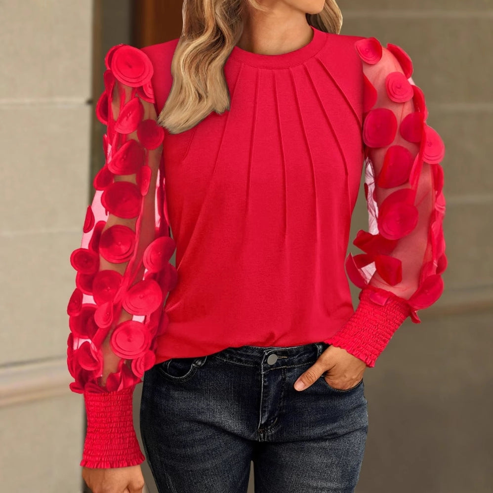 Long Sleeve Mesh Patchwork Round Neck Top T-shirt