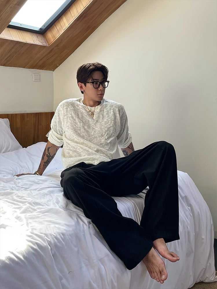 Simple Contrast Color Elastic Waist Casual Pants Men's Fashion Wide-leg Trousers