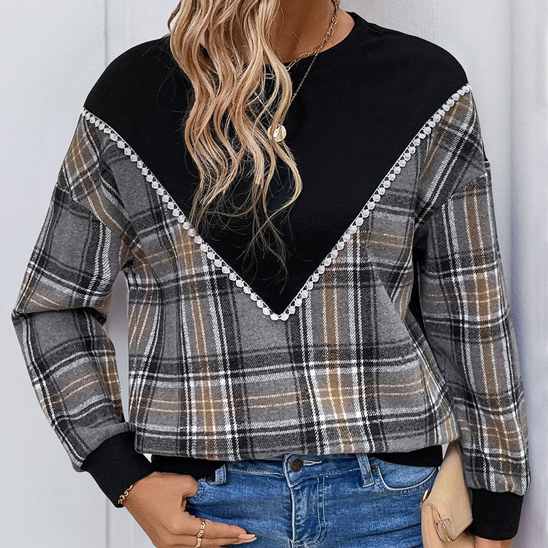Women's Plaid Patchwork Round Neck Sweater