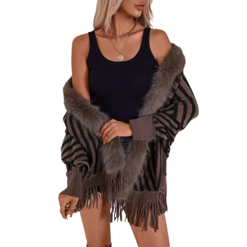 European And American Fall Winter Fashion Striped Tassel Knitted Shawl Cape