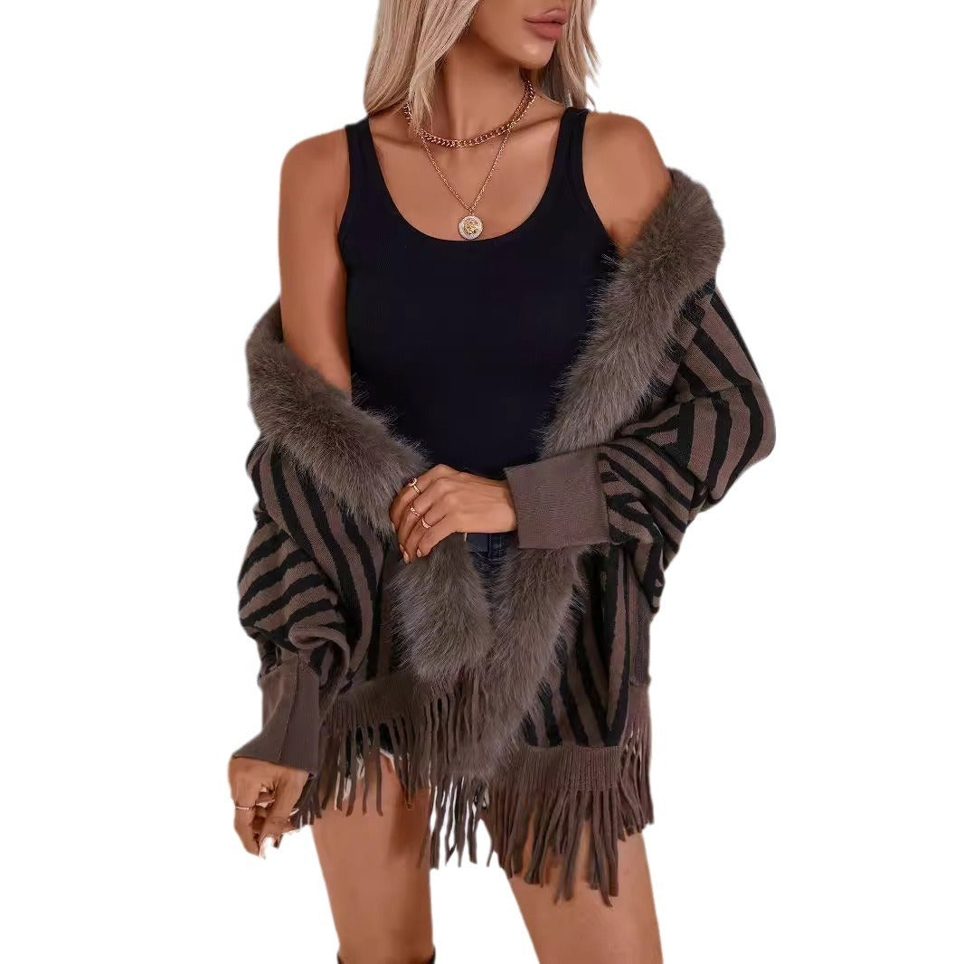 European And American Fall Winter Fashion Striped Tassel Knitted Shawl Cape
