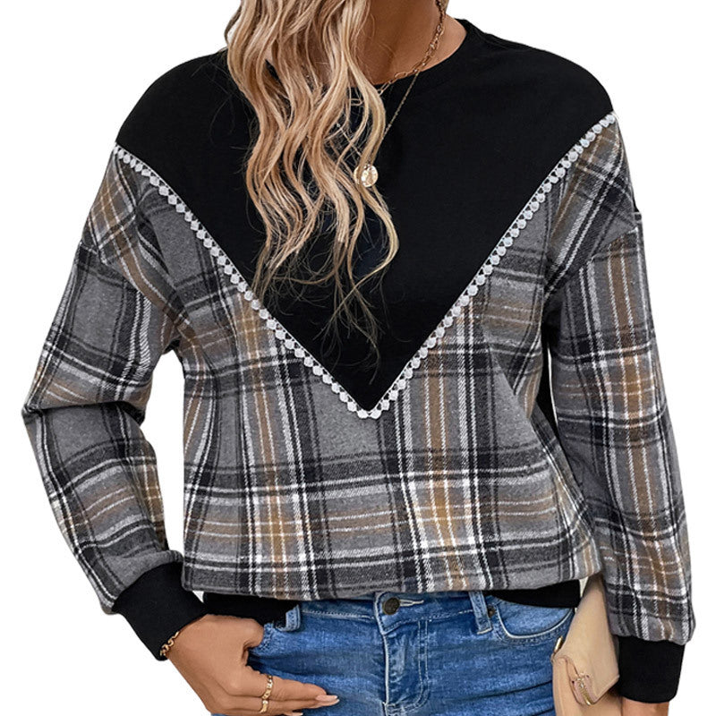 Women's Plaid Patchwork Round Neck Sweater