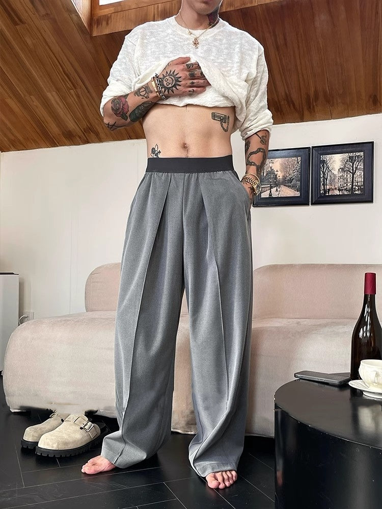 Simple Contrast Color Elastic Waist Casual Pants Men's Fashion Wide-leg Trousers