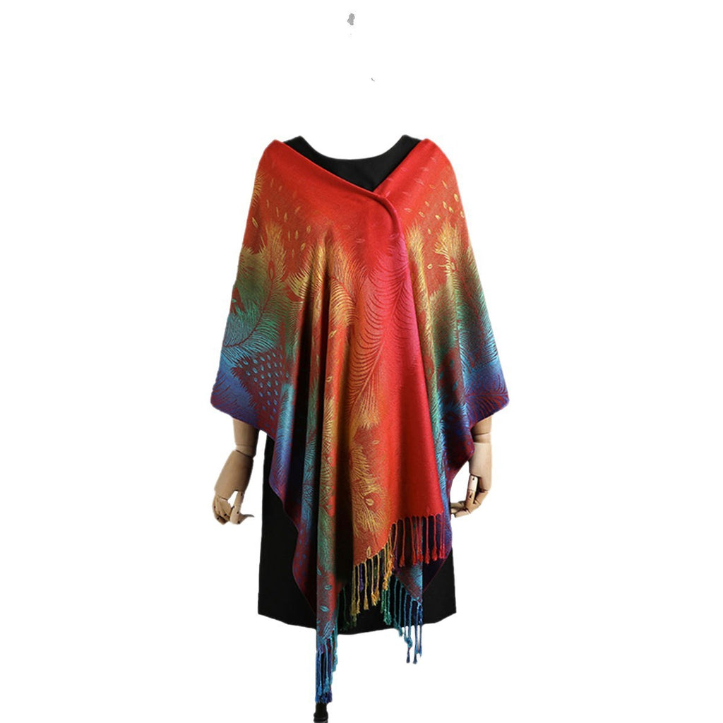 Color Jacquard Talma Long Ladies Tassel Feather