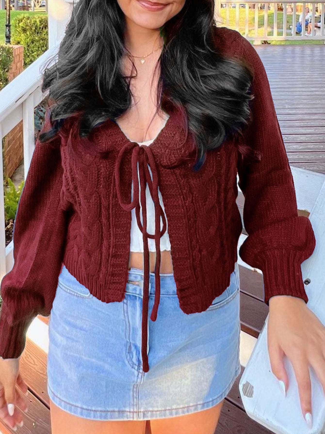 Women's Solid Color And V-neck Twist Knitted Lace-up Lantern Sleeve Sweater
