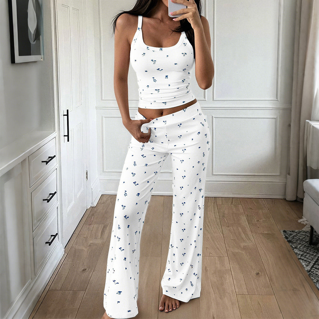 Strappy T-shirt Floral Long Pants Suit Women