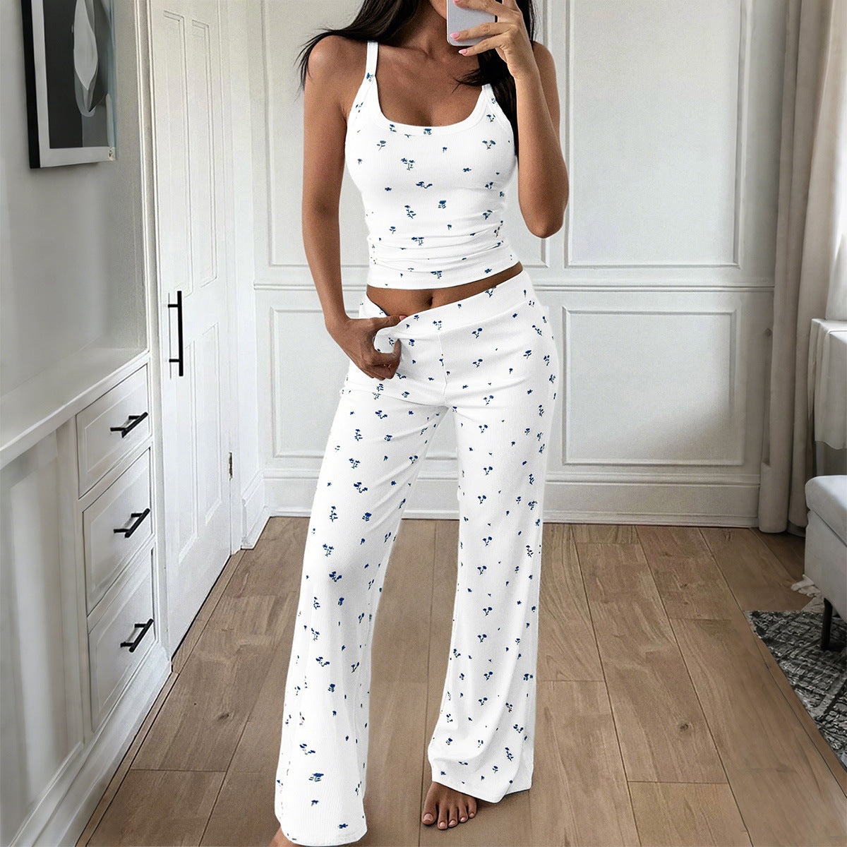 Strappy T-shirt Floral Long Pants Suit Women