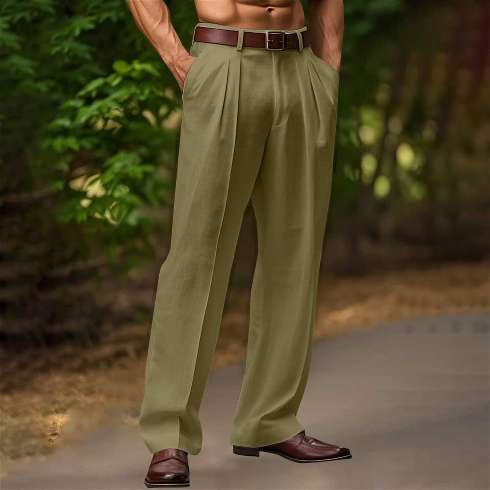 Slant Pockets Bifold Linen Solid Color Breathable And Loose Straight Men's Casual Pants