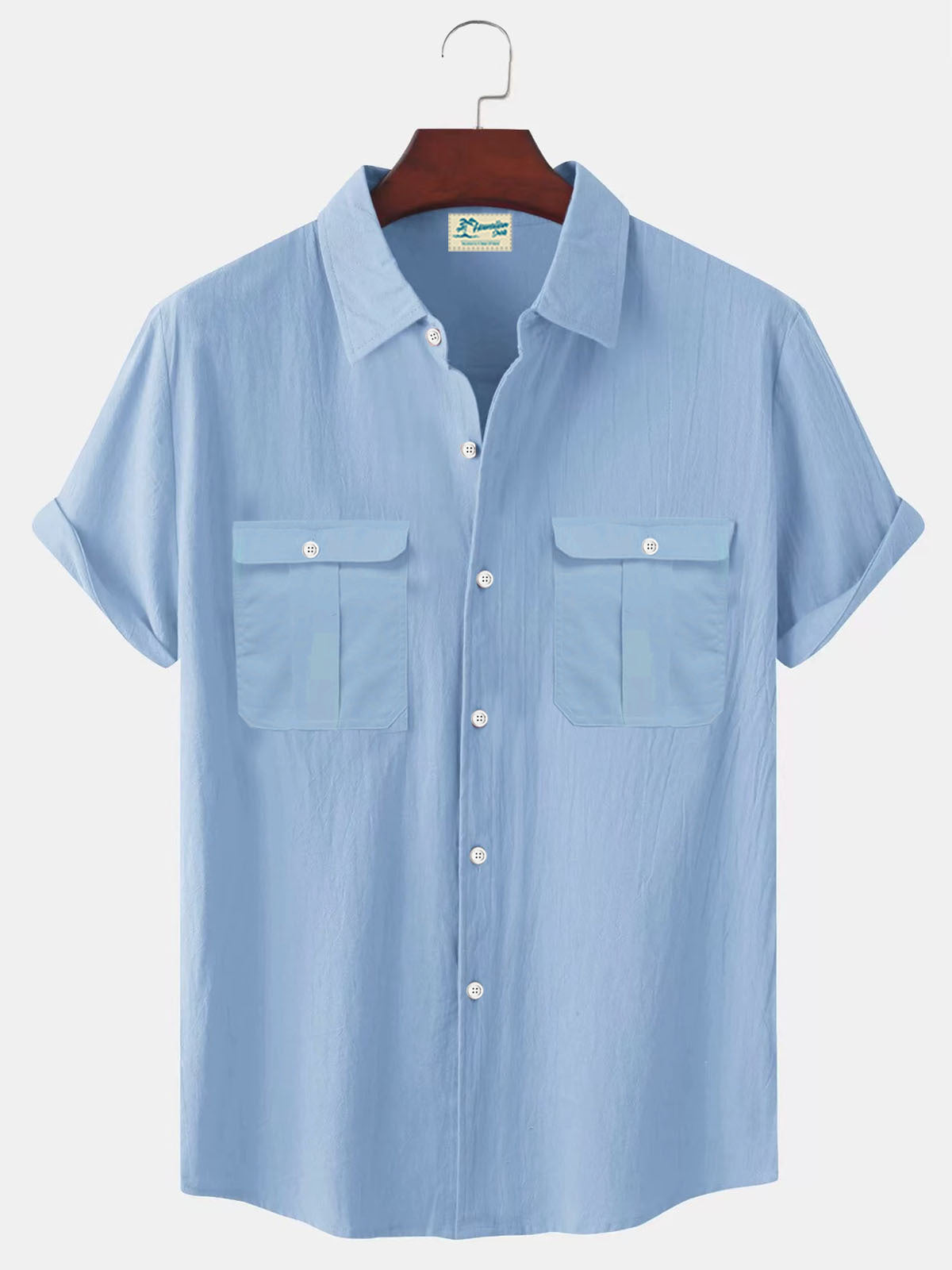 Solid Color Patchwork Linen Cardigan Short Sleeve Loose Lapels Men's Shirt