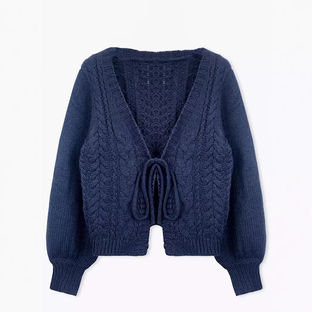 Women's Solid Color And V-neck Twist Knitted Lace-up Lantern Sleeve Sweater