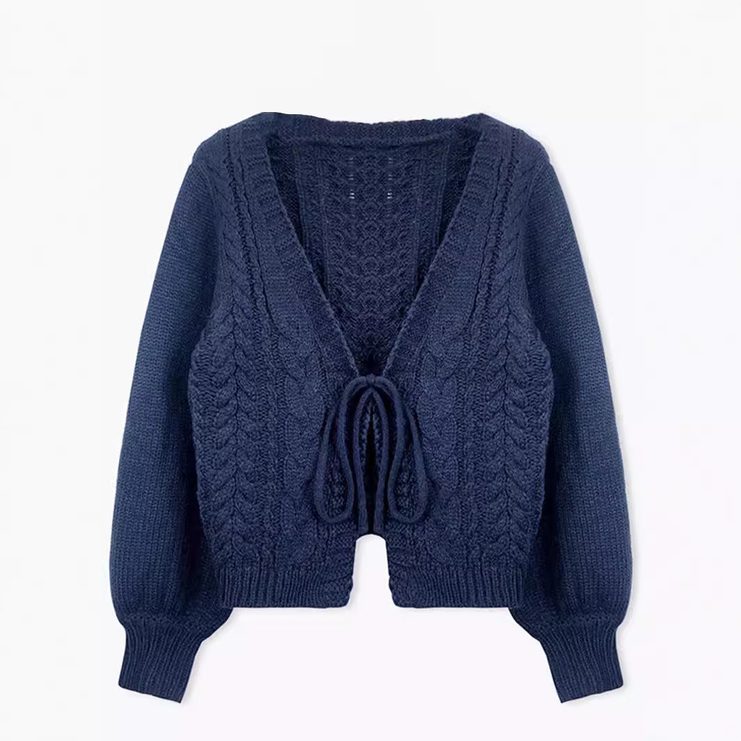 Women's Solid Color And V-neck Twist Knitted Lace-up Lantern Sleeve Sweater