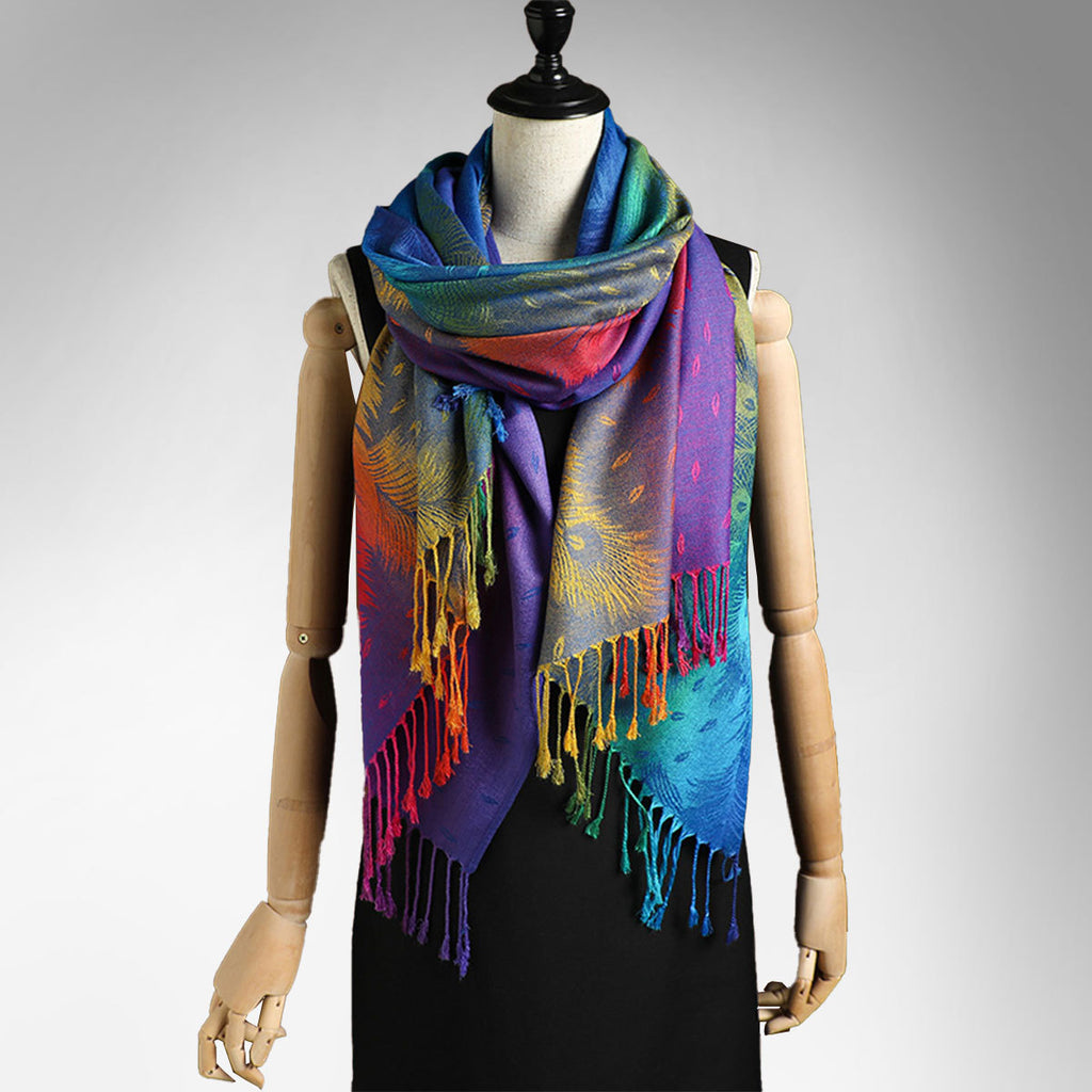 Color Jacquard Talma Long Ladies Tassel Feather