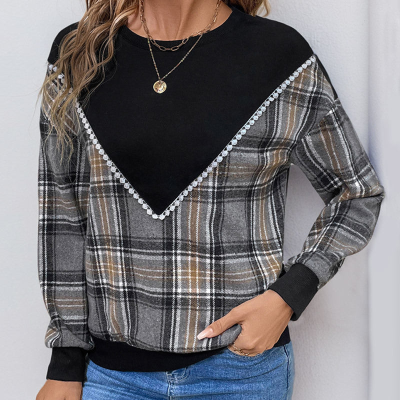 Women's Plaid Patchwork Round Neck Sweater