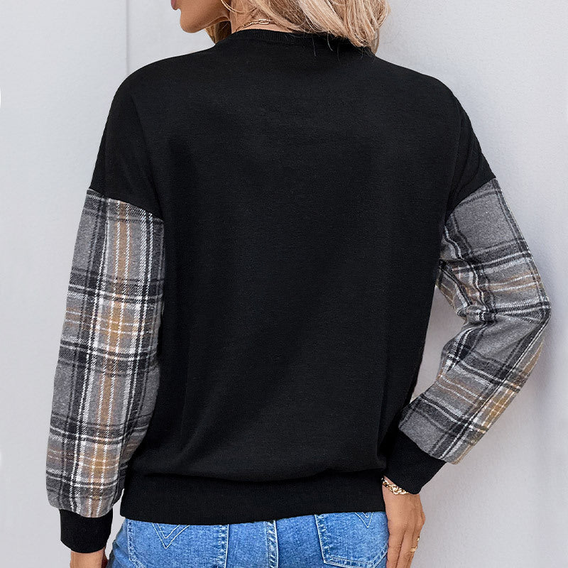 Women's Plaid Patchwork Round Neck Sweater