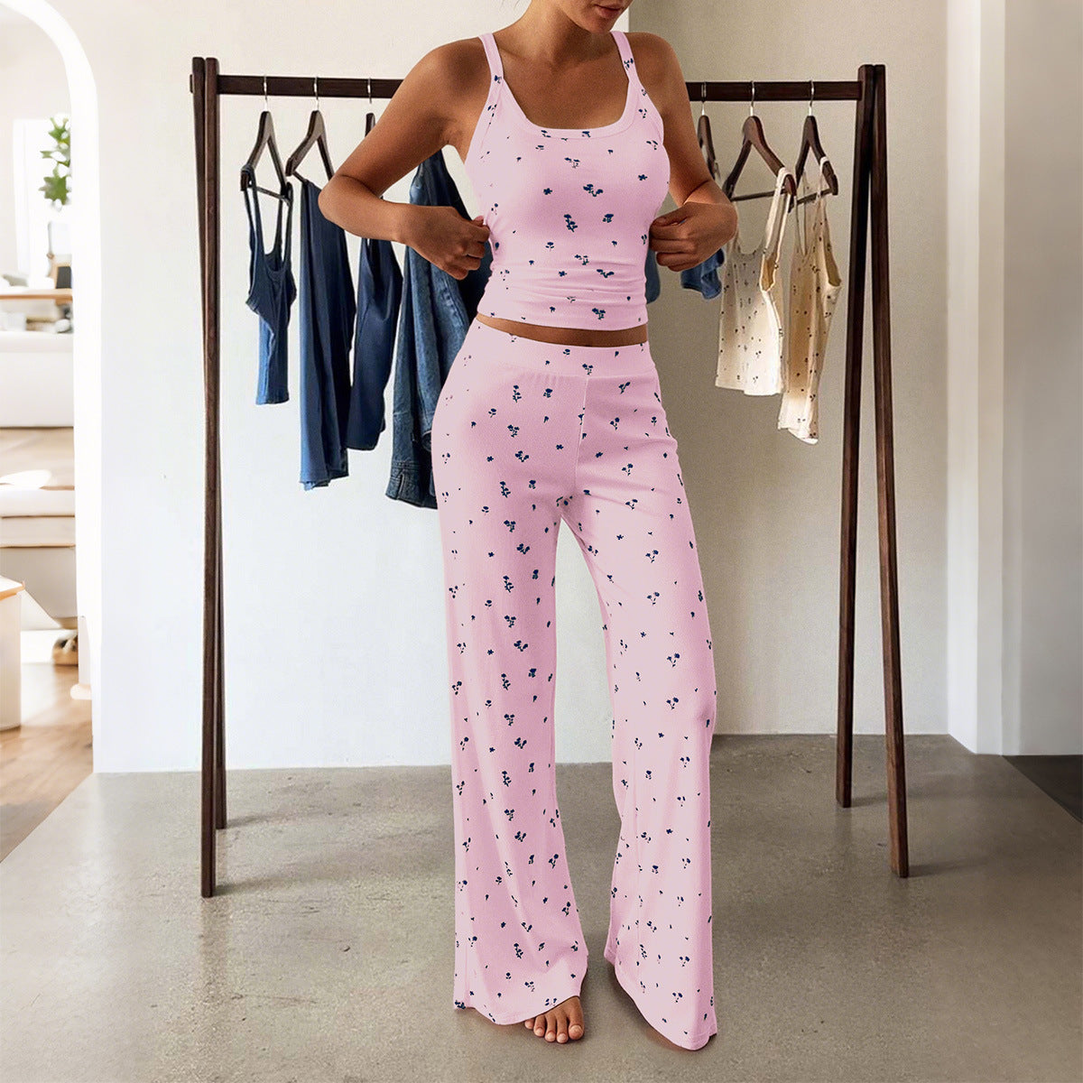 Strappy T-shirt Floral Long Pants Suit Women