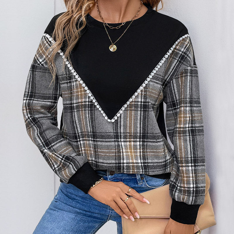 Women's Plaid Patchwork Round Neck Sweater